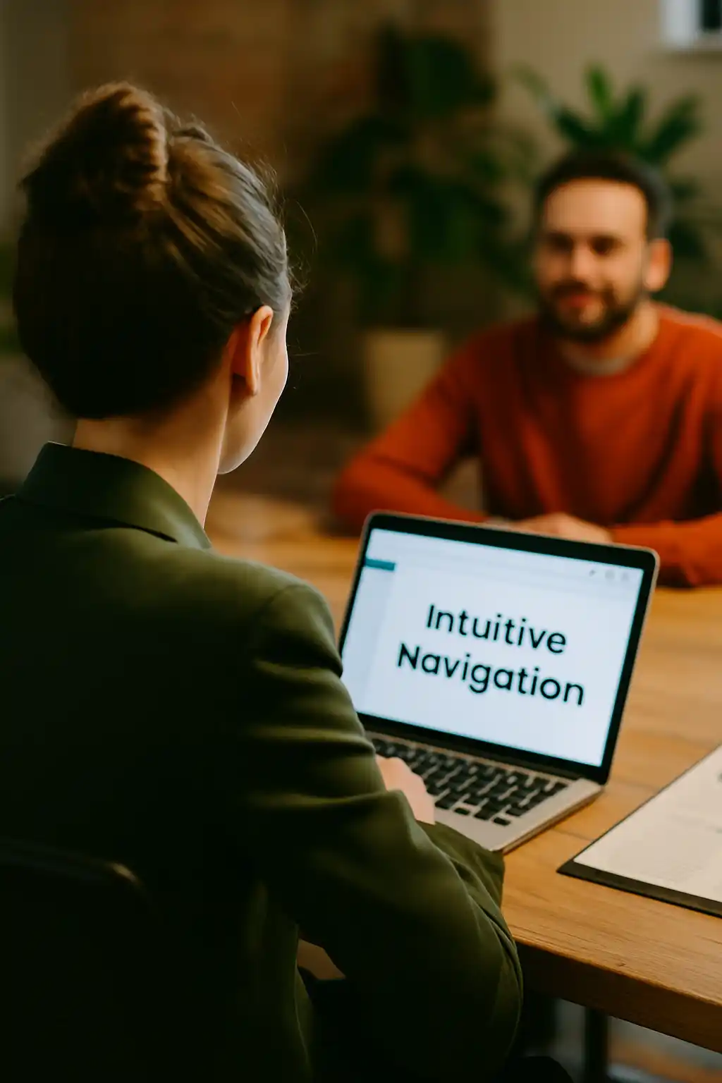 Twee mensen aan een tafel in professionele setting met een laptop.