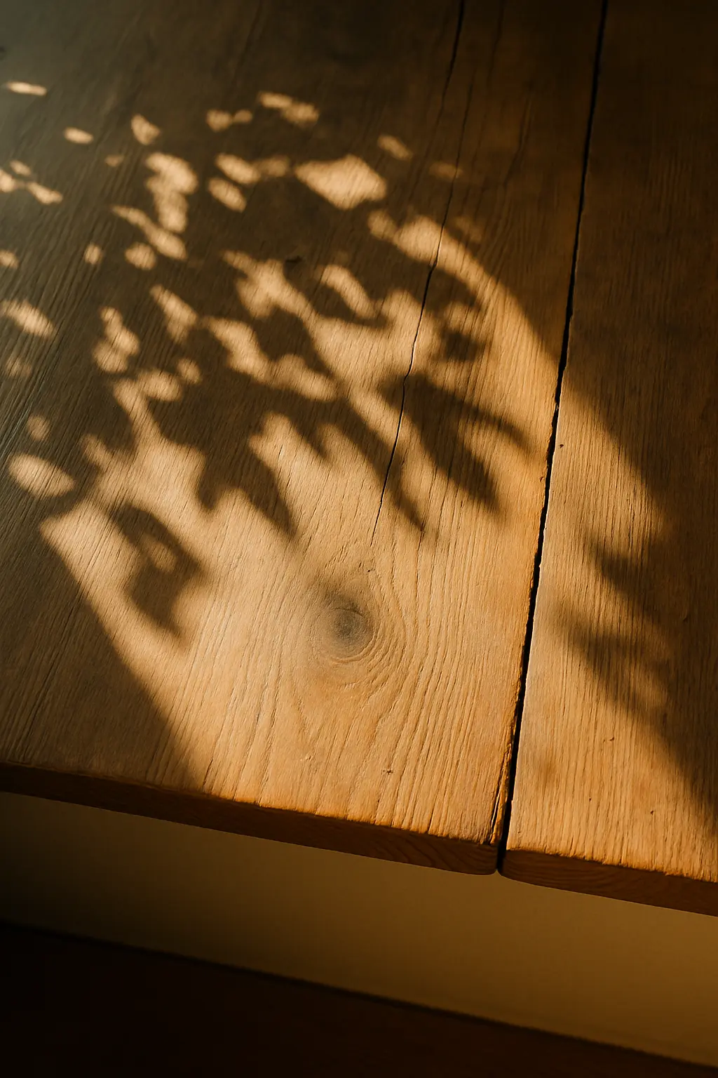 Zonlicht en bladschaduw op een houten oppervlak