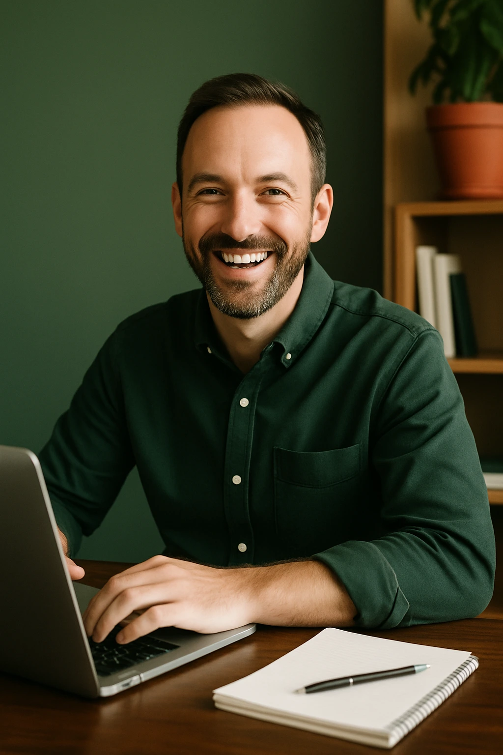 Lachende, tevreden man achter een laptop.