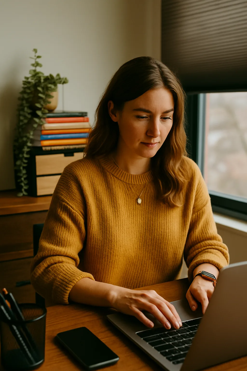 Vrouw achter laptop in een warme, sfeervolle kantoor omgeving