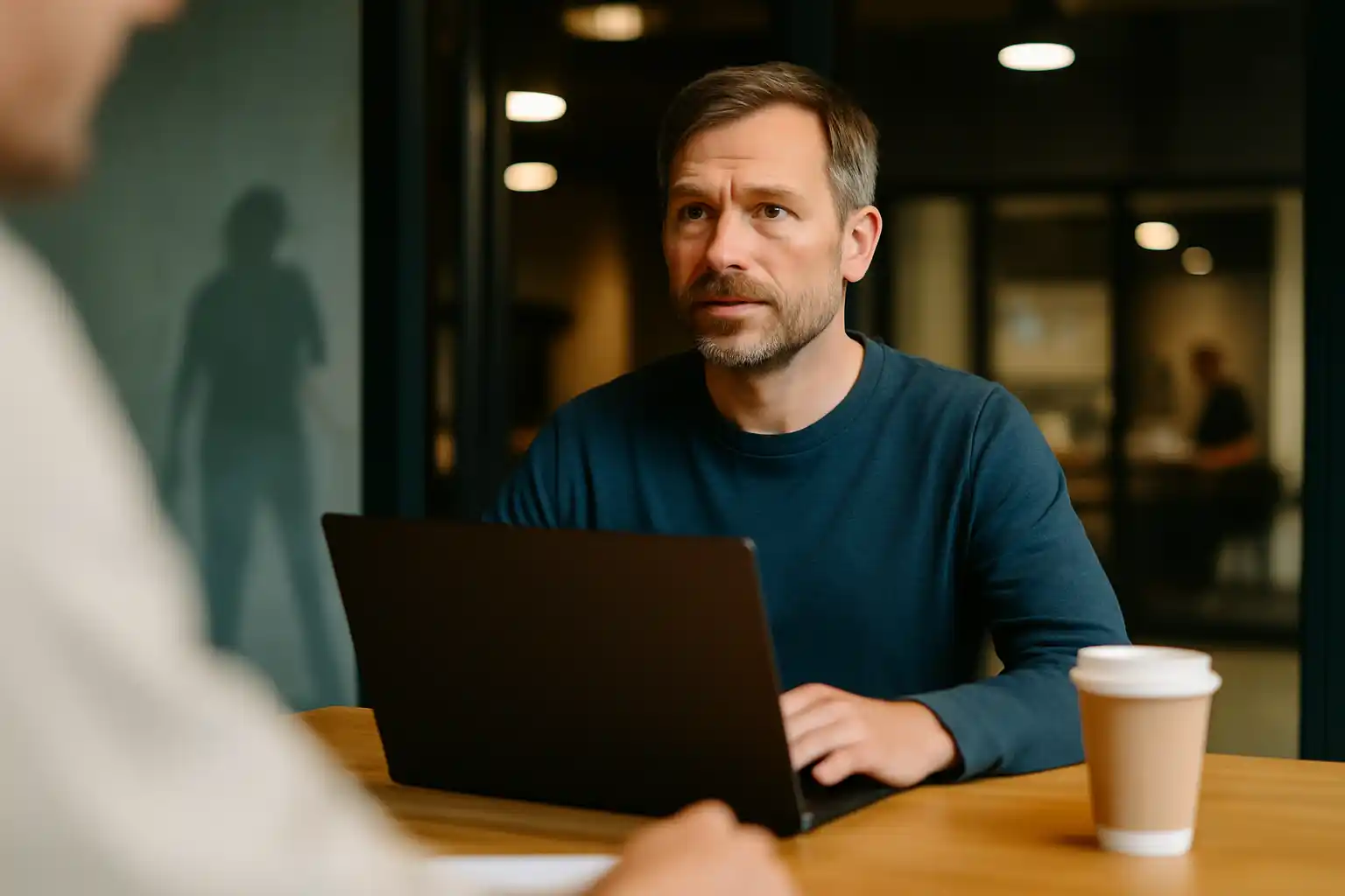 Twee mensen in gesprek aan een houten tafel in een moderne werkomgeving, gefotografeerd met lichte blur.