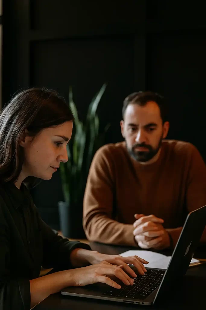 Twee professionals in gesprek aan een tafel in een moderne, warme kantooromgeving. De focus ligt op samenwerking en strategie, met een realistische en mensgerichte sfeer.