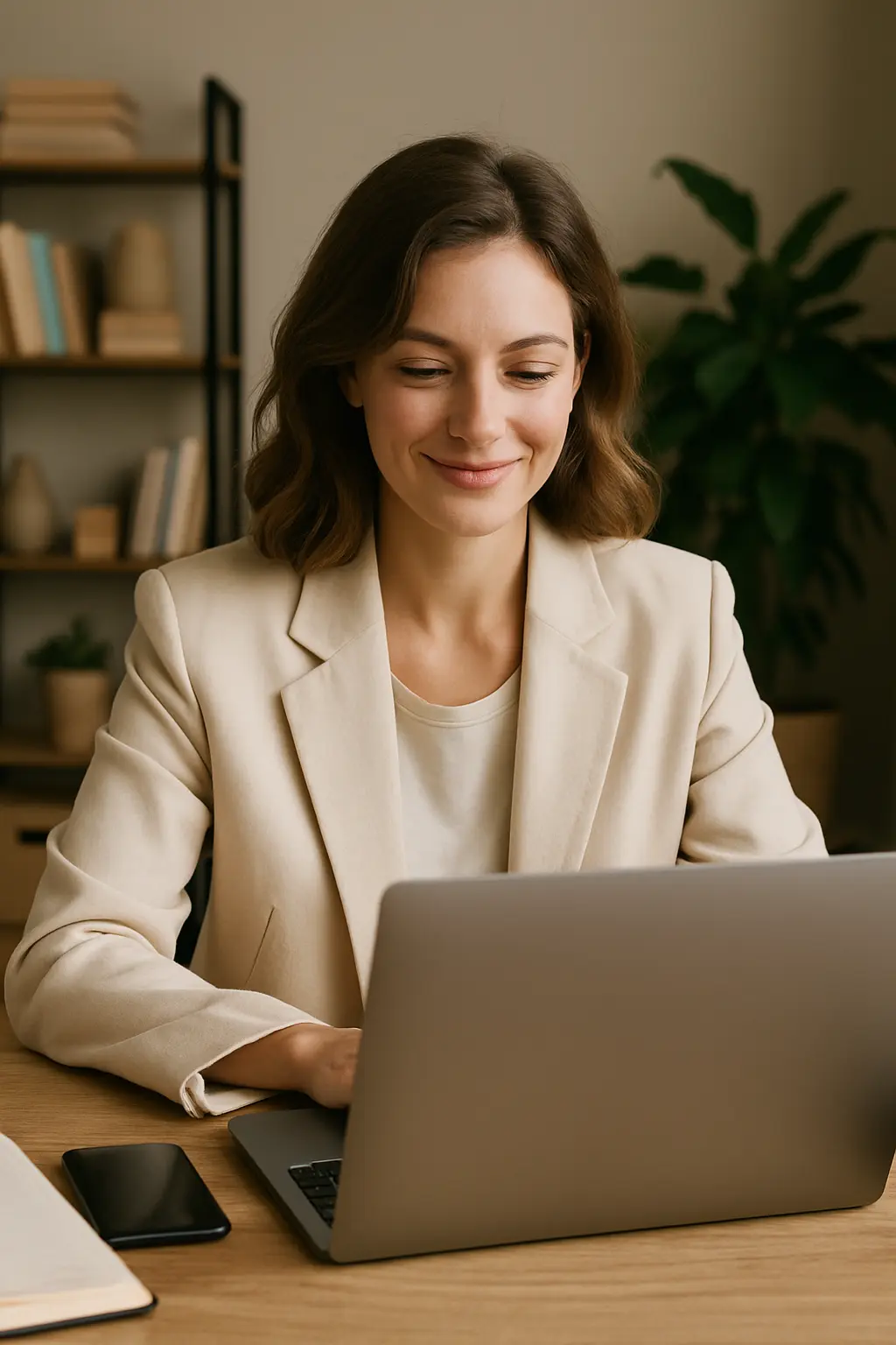 Jonge vrouw in natuurlijk licht met rustige uitstraling, symbool voor helderheid en vertrouwen in online zichtbaarheid.
