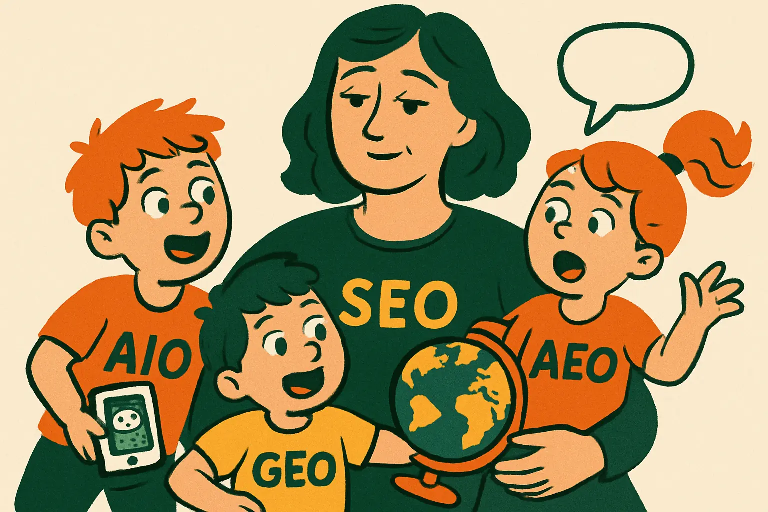 Grappige illustratie van moeder SEO die probeert haar drukke kinderen AIO, GEO en AEO in toom te houden terwijl ze allemaal iets willen uitleggen.